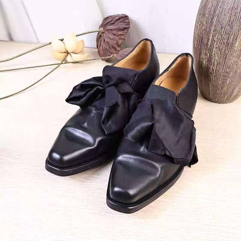 Genuine Leather Niche Bowknot Strap Pleated Square Toe Women's Loafers 2025 New Chunky Heel Single Shoes