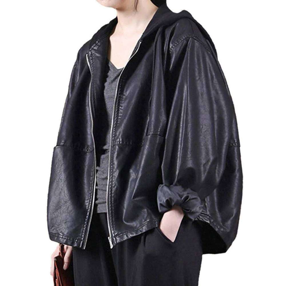 Amax luluE Autumn European Womens Black Hooded Faux Leather Jackets Ladies Classic Leisure Pu Biker Coat Loose Vintage Clothing