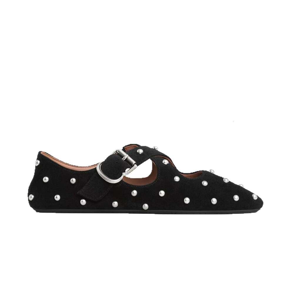 Genuine Leather Korean Style Studded Round Toe Cross Strap Mary Jane for Women 2025 Spring Summer New Ballet Flat Shoes
