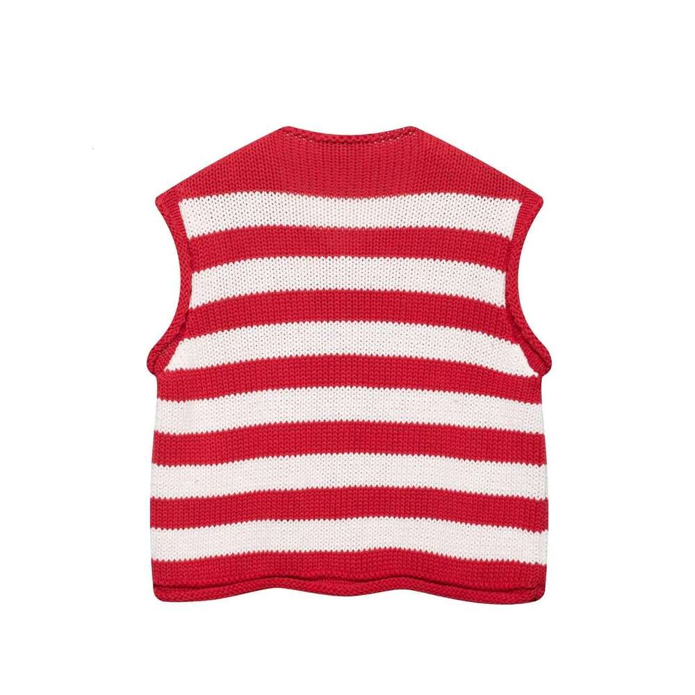 European and American style 2025 new round neck single-breasted sleeveless striped knitted vest top