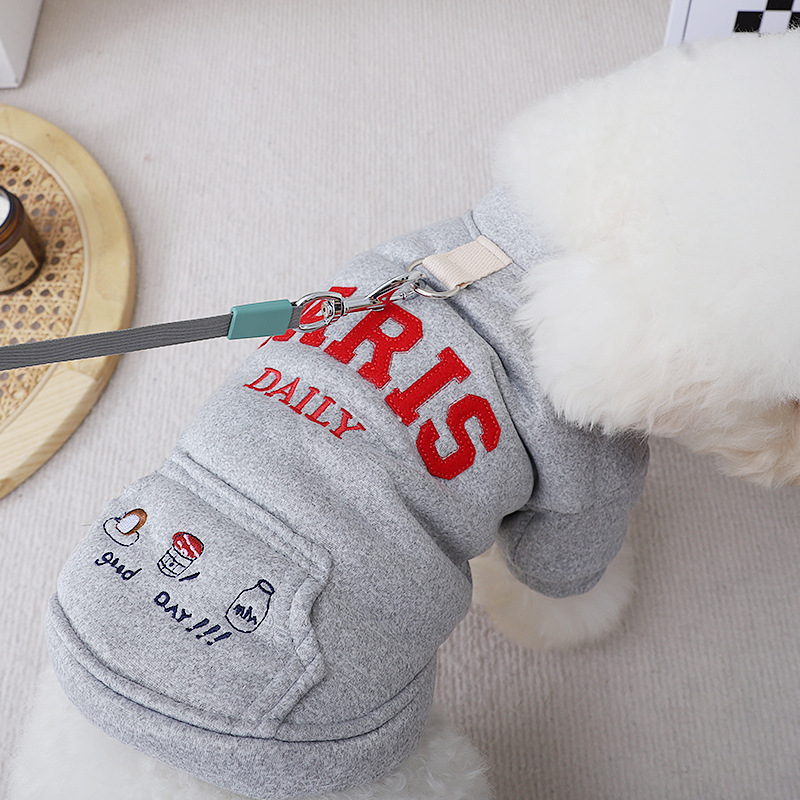 Autumn Hoodies with Leash Ring, Pockets, Embroidery Letter Puppy for Small Medium Dog Girl Boy Cat Sweater Winter Pet Clothes Cold Weather Coat M A457