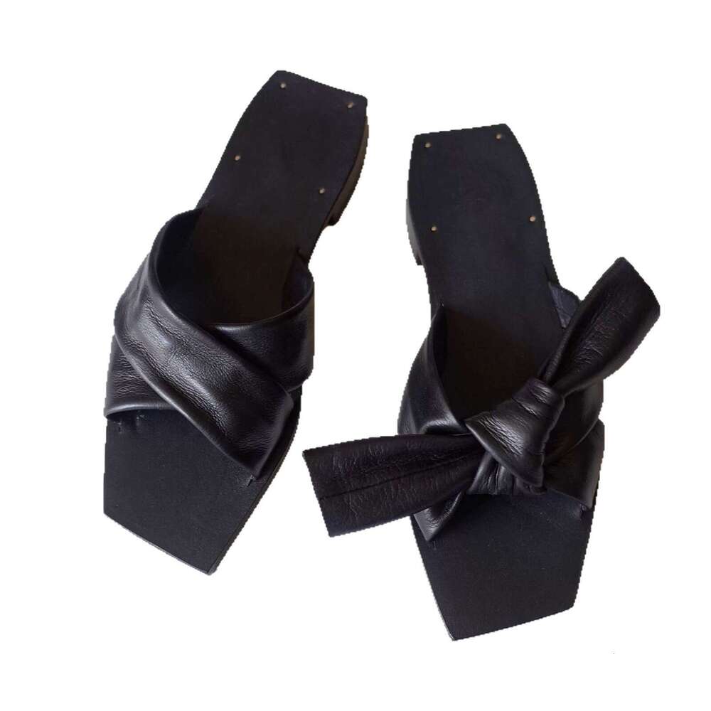 Cowhide Version ~ Niche Cross Bowknot Square Toe Slippers for Women Outdoor 2025 Summer Flat Low Heel One-Strap Sandals