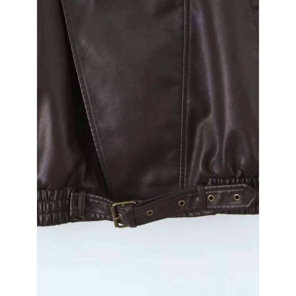2025 Women's Dark Coffee Faux Leather Oversized BF Jackets Lady Moto Biker Punk Hip-hop Loose PU Zipper Coats Streetwear
