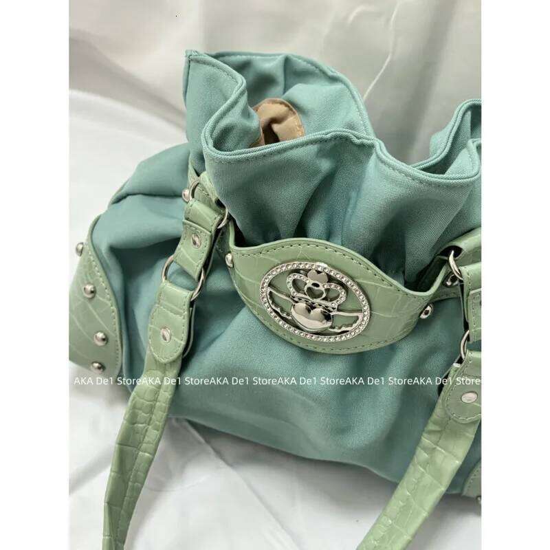 Belt Design Streetwear Green Zipper Y2k Girl Shoulder Pleated Fashion Underarm Bags Rivet Gothic Women's Handbags