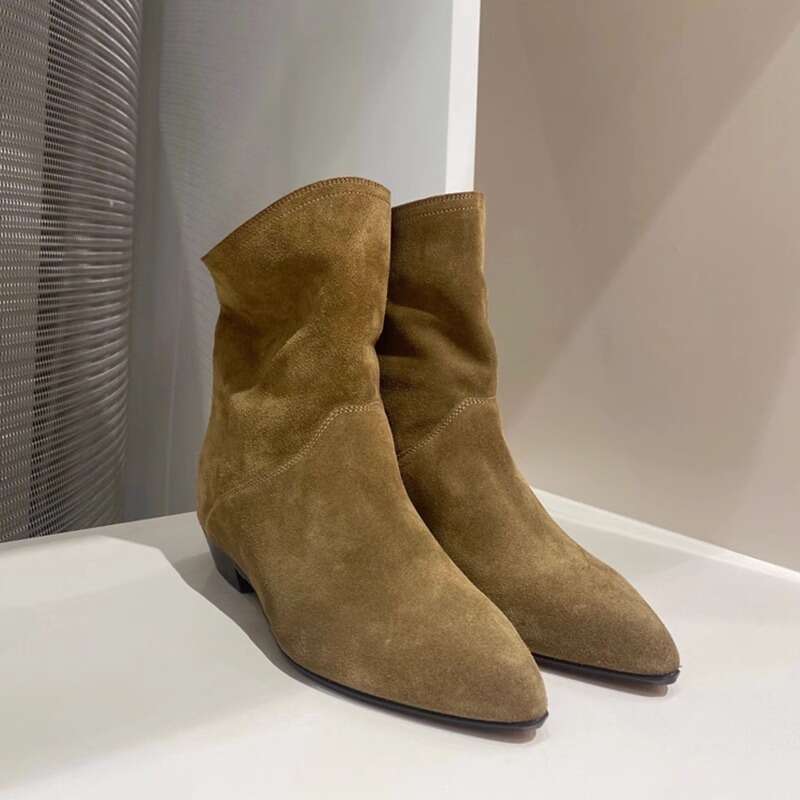 Genuine Leather Slanted Wide Tube Flat Pointed Toe Western Cowboy Small Ankle Slim Short Boots for Women Autumn Winter