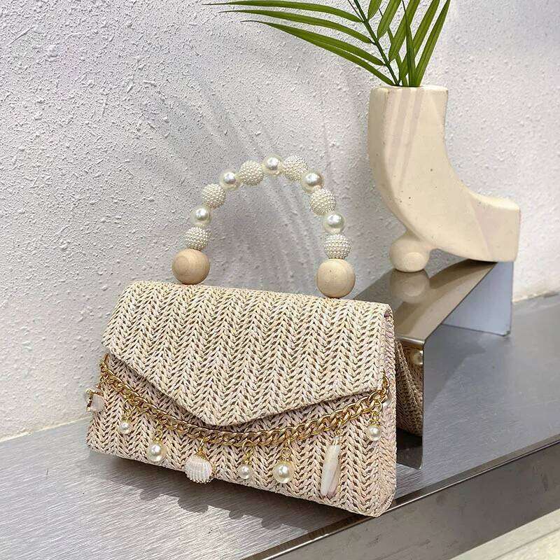 Women's Bags Designer Fashion Pearl Handle Handbags Shell Conch Chains Straw Bags For Women Summer Travel Woven Beach Shoulder Crossbody Bag
