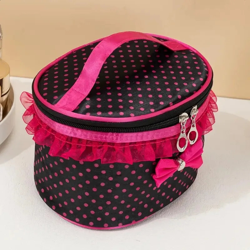 Cosmetic Makeup Bag Large Portable Zipper Travel Organizer Holder with Top HandleDot Print and Bow Lace Decor 250528
