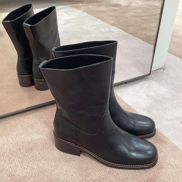 Korean Style Niche Simple Small Slanted Mouth Chelsea Mid-Calf Short Women Autumn Winter Thick Heel Martin Smoke Tube Boots