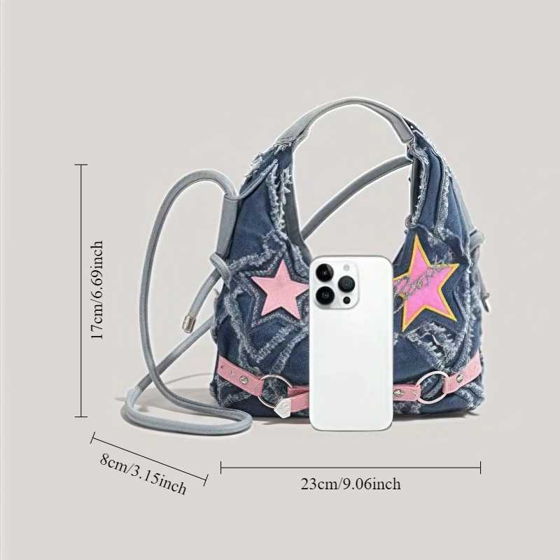 y2k Hot Girl style pink five-pointed star applied-designed fringed denim crossbody bag A-DH XJ250604