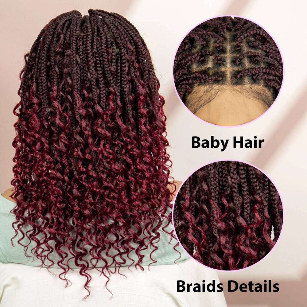 99J Bury Color Braided Wigs Synthetic Full Lace Knotless Square Box Braids Curly Hair Wig for Women
