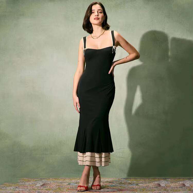 DHCollections Women Elegant Cotton Slip Dress Sleeveless Bodycon Ruffle Hem Summer Midi Dress