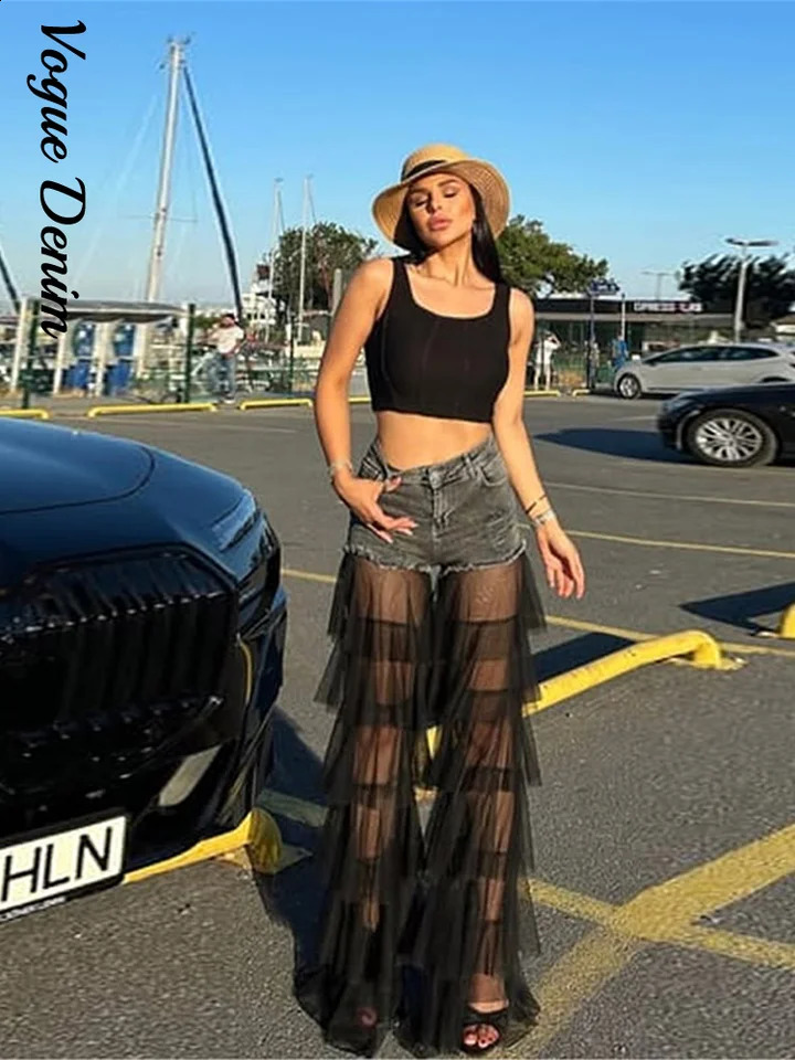 Summer Denim Patchwork Layer Tulle Woman Pants Vintage Pockets Cake Gauze Straight Jeans 2025 High Street Female Trousers 250516Z