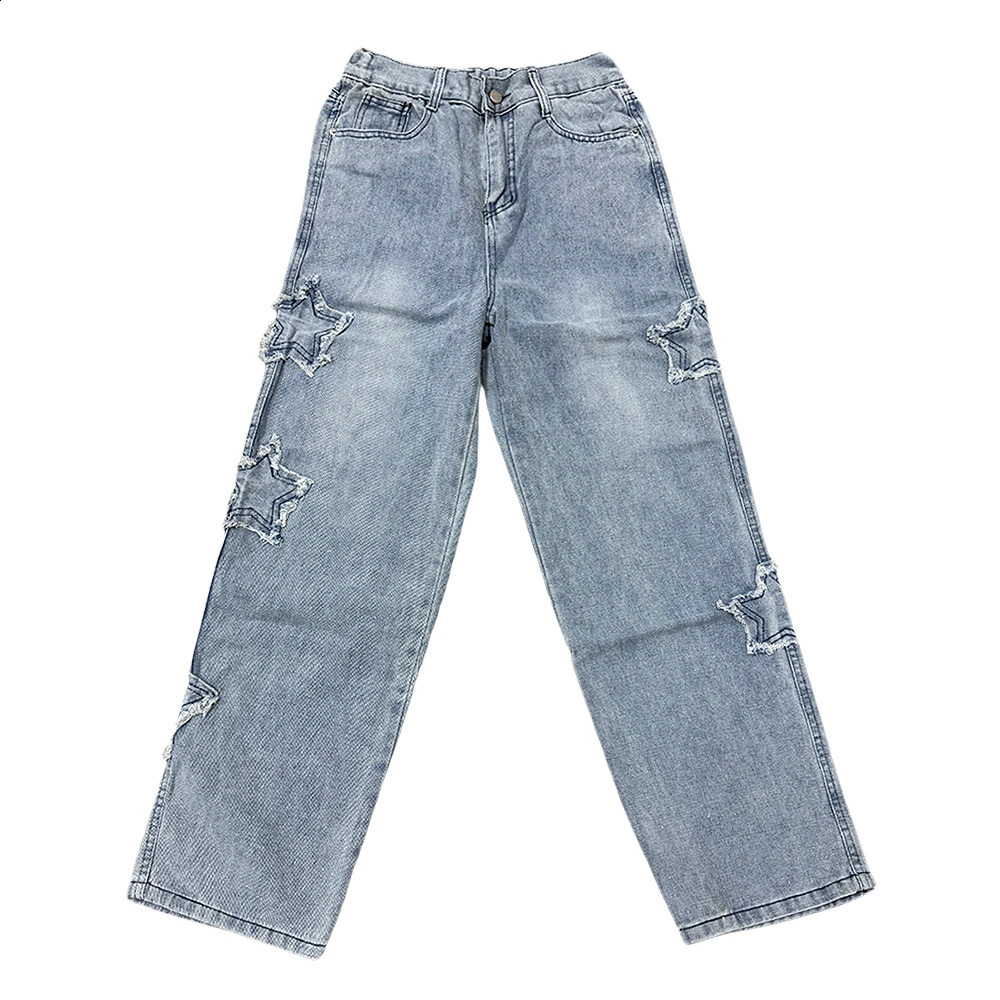 Stars Patchwork Men Jeans Fashion Y2K Tassel Pants Korea Clothes Straight Hip Hop Splicing Trousers Male Streetwear 250526