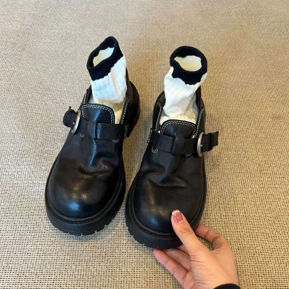 British Style Genuine Leather Loafers with Belt Buckle, Platform Thick Sole, Chunky Heel, Women's Spring, Autumn, Winter Shoes