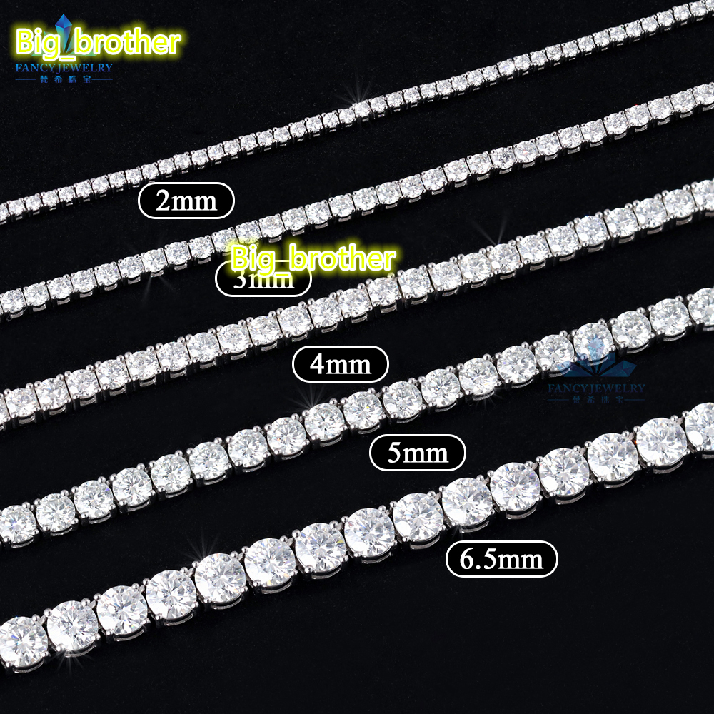 Hip Hop 925 Sterling Silver Tennis Chain Necklace with Moissanite Diamond VVS 2mm-6.5mm Fashionable Jewelry Sets with Bracelet
