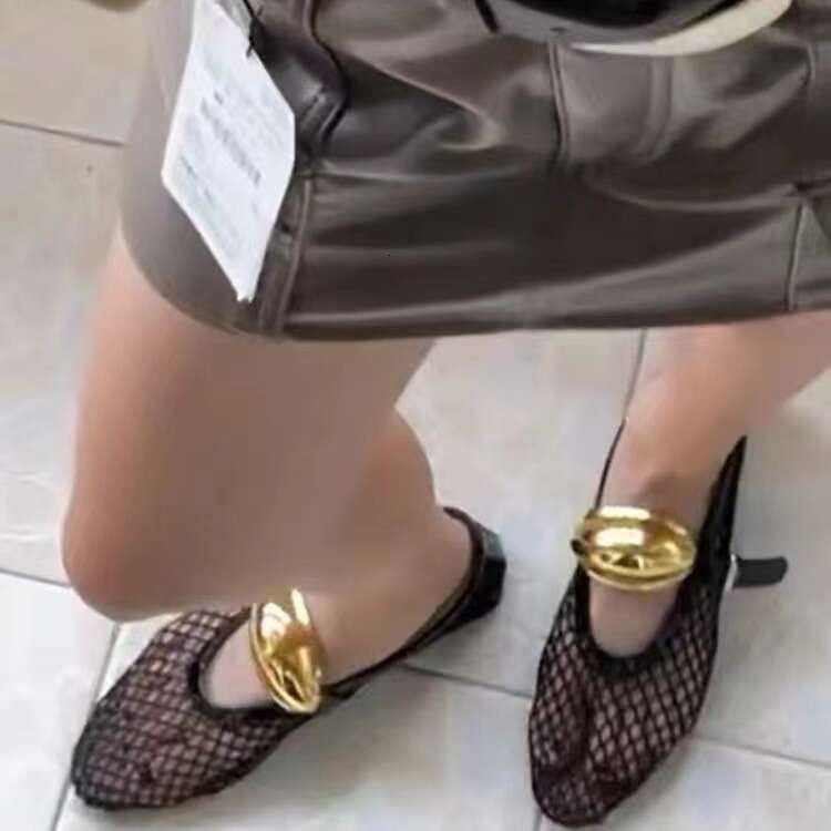 Red Metal Buckle Fishnet Hollow Flat Ballet One-Strap Mary Jane Women's Spring Summer Style Single Shoes Sandals