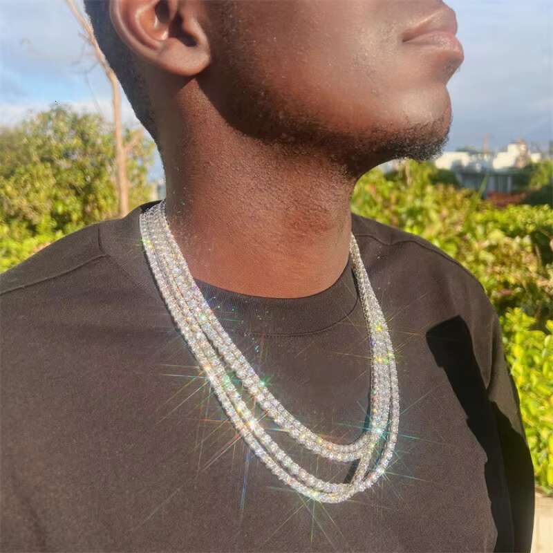 Hip Hop Iced Out D Color White VVS 925 Sterling Silver 2MM 3MM 4MM 5MM 6.5MM Moissanite Diamond Tennis Chain Necklace