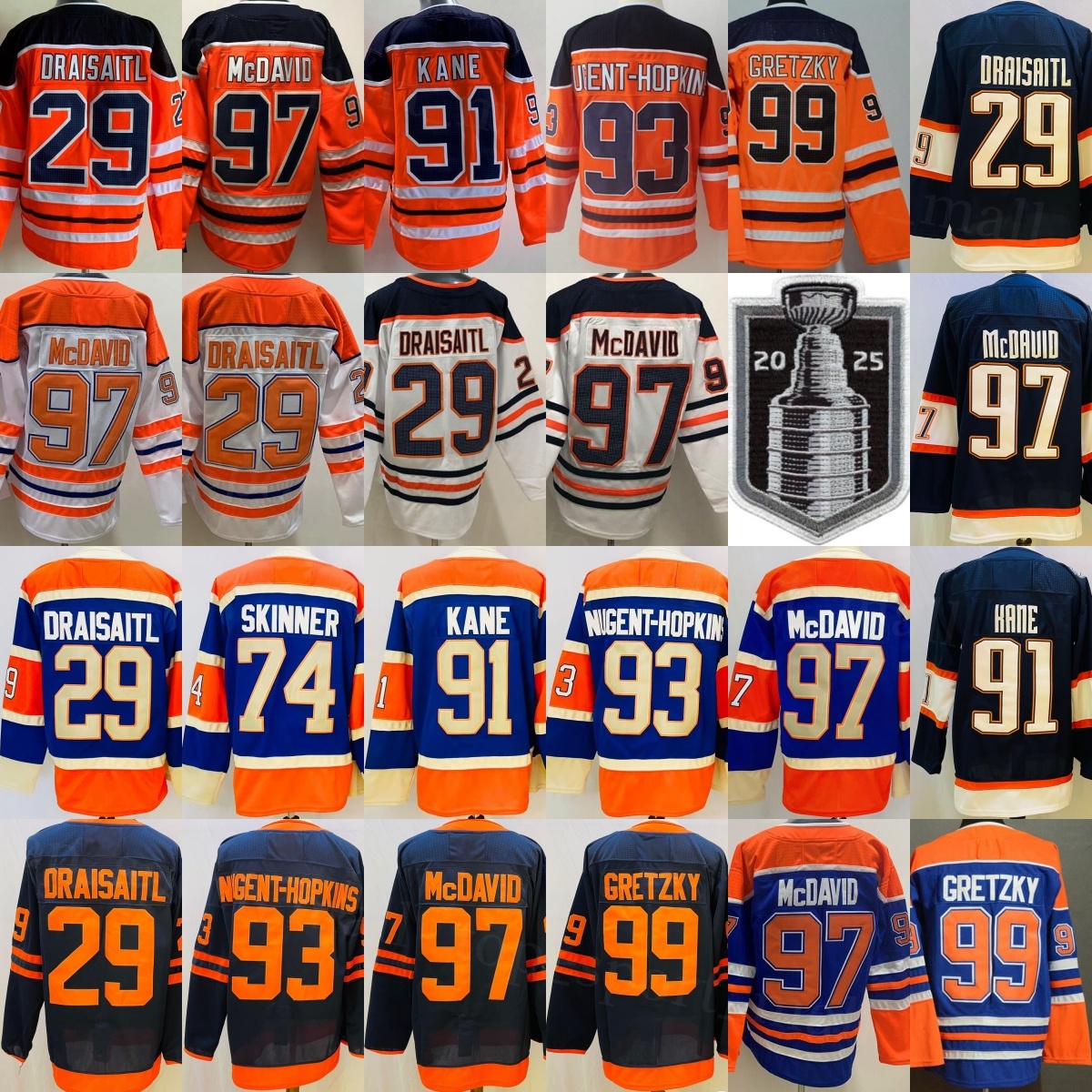 2025 Stanley Cup Hockey McDavid Jerseys 29 Leon Draisaitl 93 Ryan Nugent-Hopkins 91 Evander Kane 74 Stuart Skinner 99 Wayne Gretzky Reverse Retro Blue White Orange