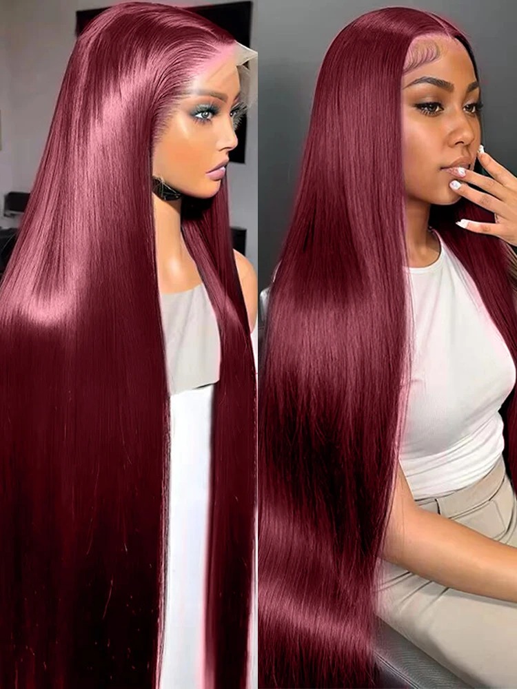 Straight Burgundy Red 13x4 Lace Frontal Wigs Human Hair Red 99J Colored Pre Plucked Wig Transparent Lace Front Human Hair Synthetic Wigs