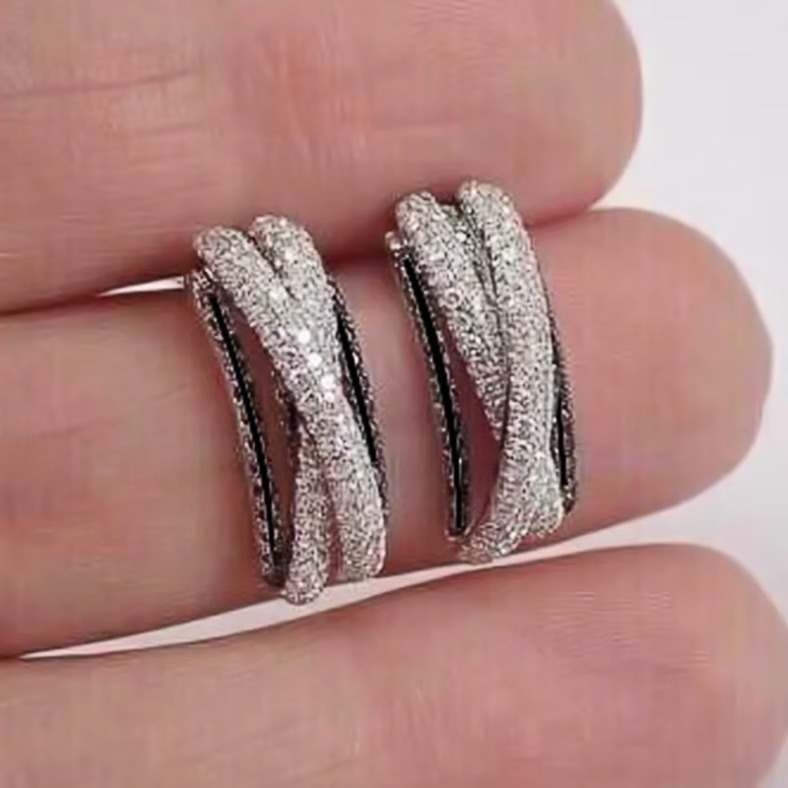 Cross Design Black Enamel Diamond Earrings Women Wedding Engagement Silver Plated Pendant Earrings Jewelry