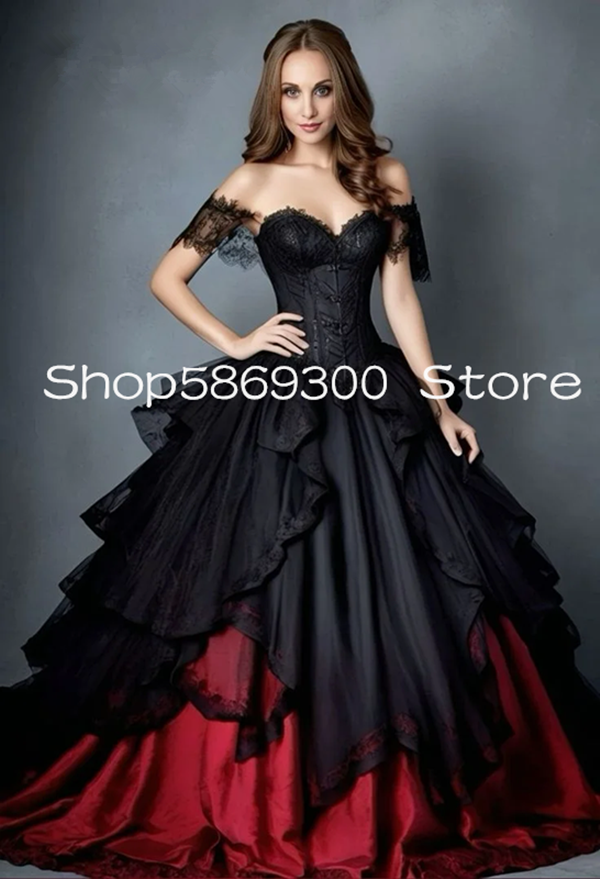 Gothic Vampire Black And Red prom dresses Off-Shoulder Ball Gown Vintage evening gown Corset Lace-up Back Customized