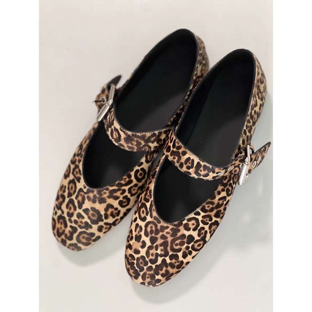 Genuine Leather Niche Horsehair Leopard Print One-Strap Single for Women 2025 Spring Summer Square Toe Shallow Mouth Flat Mary Jane Shoes