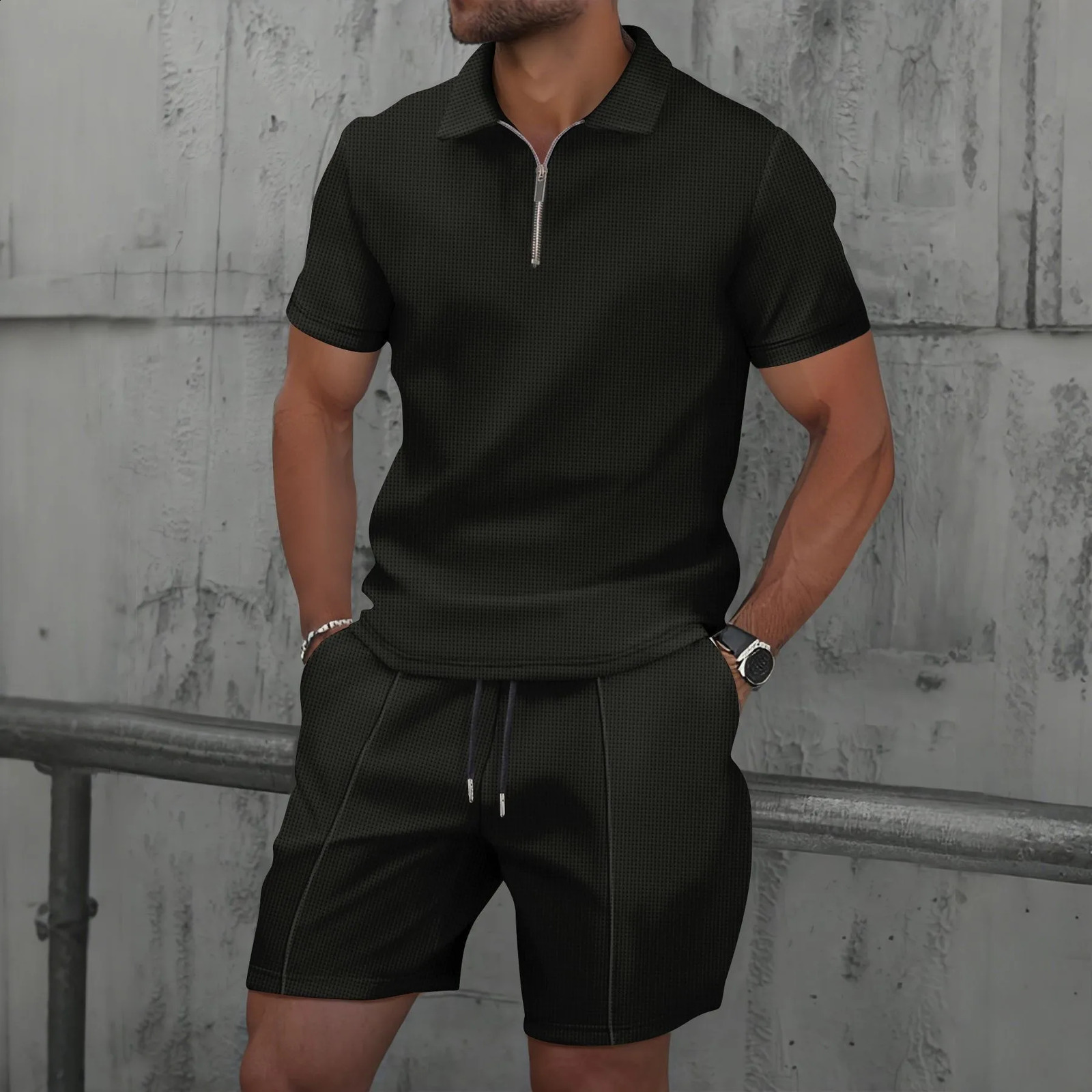 Waffle Trend Lapel Polo Mens Summer Set Short Sleeved Tshirt Casual Shorts Sports Twopiece 250522