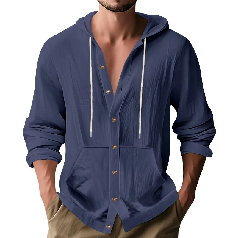 Cross-border Spring and Autumn American Loose Mens Loose Linen Casual Simple Beach Hooded Long Sleeve Shirt 250527