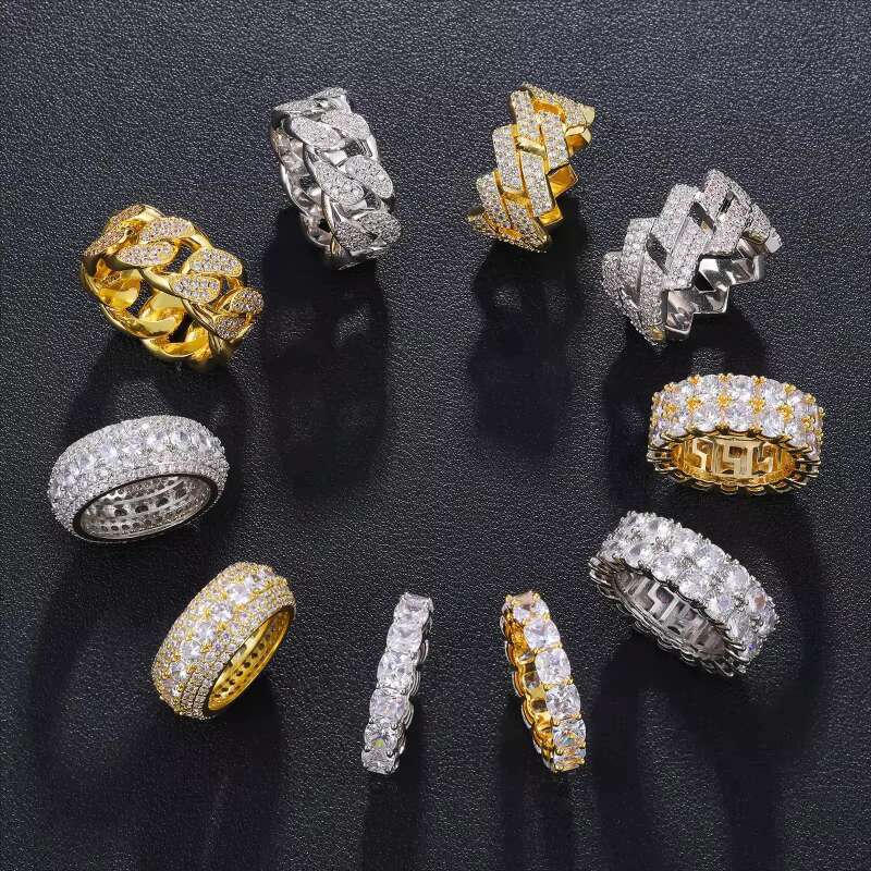 Fine Jewelry Iced Out Hip Hop Cuban Link Ring Gold Plated 925 Sterling Silver VVS Moissanite Diamond Finger Band Ring for Men