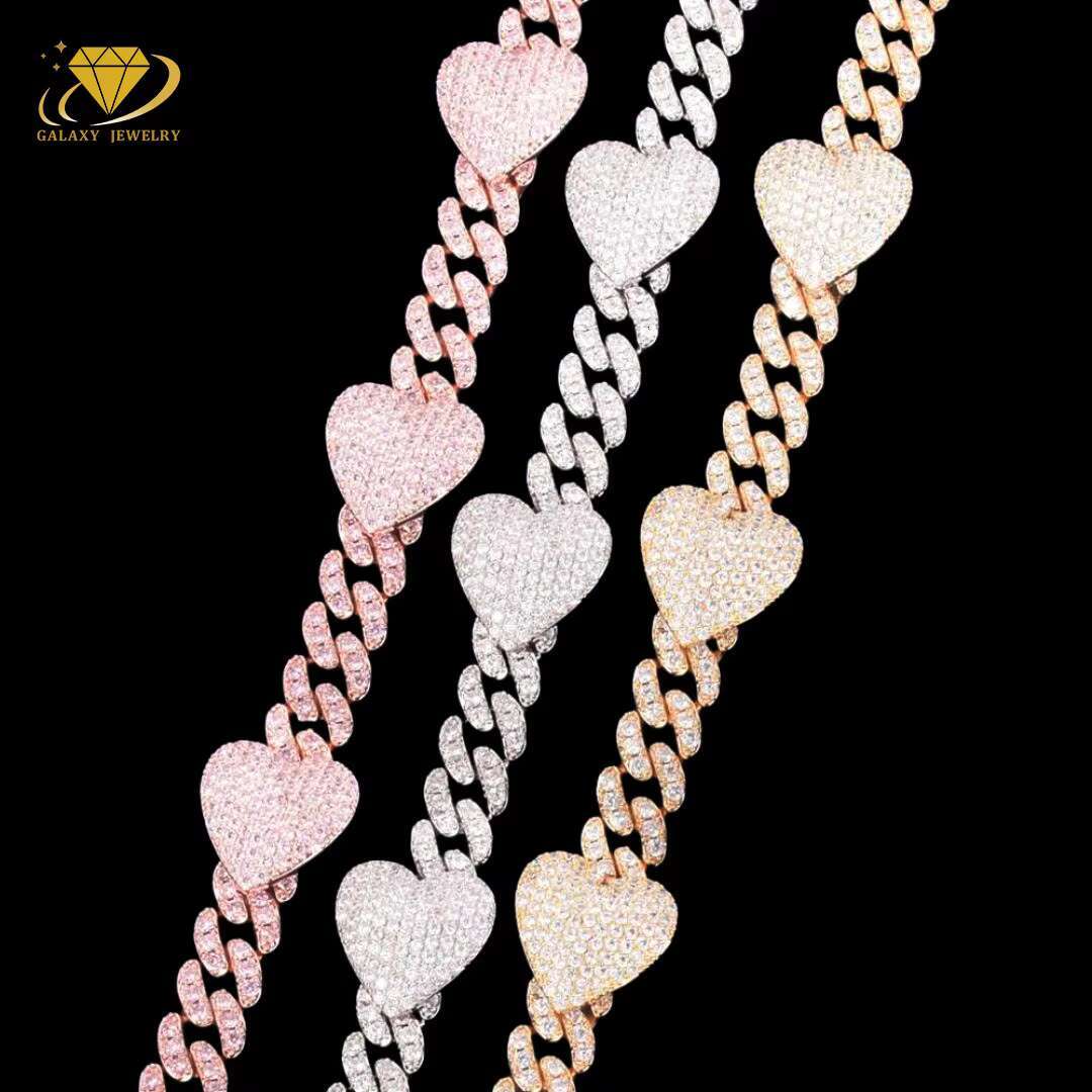 Factory Wholesale Cuban Necklace Hip Hop 14mm Love Heart Moissanite VVS Full Iced Out Diamond Solid 925 Silver Cuban Link Chain