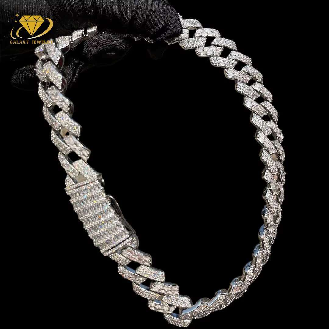 Popular 15mm Moissanite Diamond Round Cut Baguette Clasp Iced Out Bling Hiphop 925 Sterling Silver Cuban Link Chain Necklace