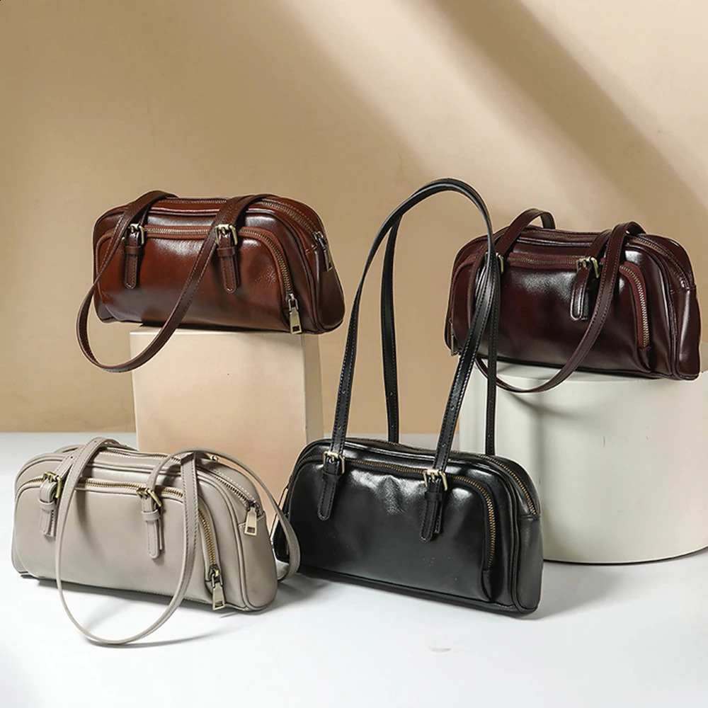Single Shoulder Armpit Retro Baguette Bag Women Korean Fashion Leather Underarm Bowling Solid Color Lady Handbags 250528