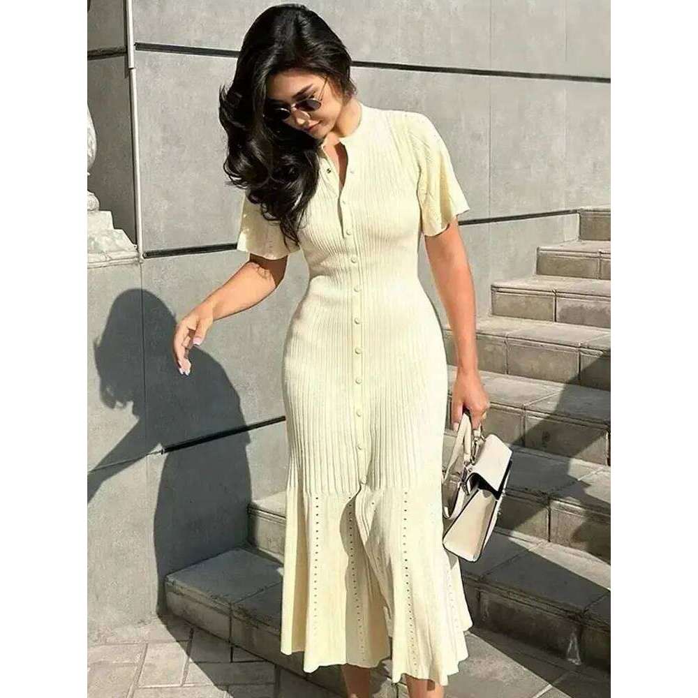 Elegant Knitted Patchwork Midi Dress Women's Short Sleeve High Waist Casual Single-Breasted Curvy Dresses Summer Black Apricot