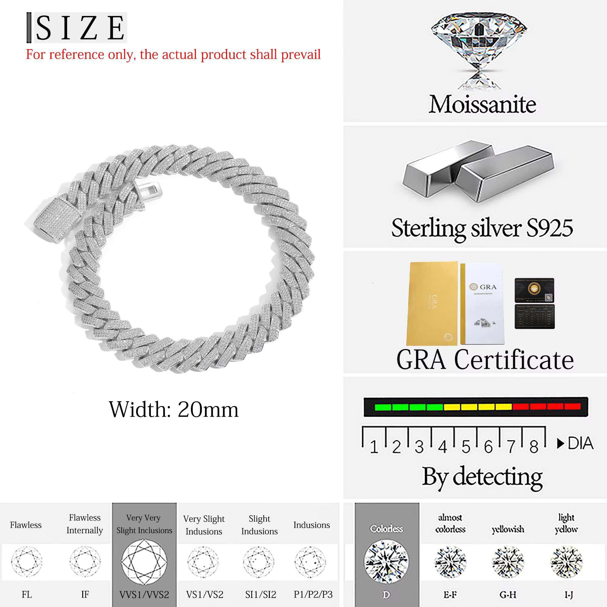 Pass Diamond Miami Hip Hop Jewelry VVS Stone Shiny 3ROW Men 925 Sterling Silver Necklace Moissanite Cuban Link Chain