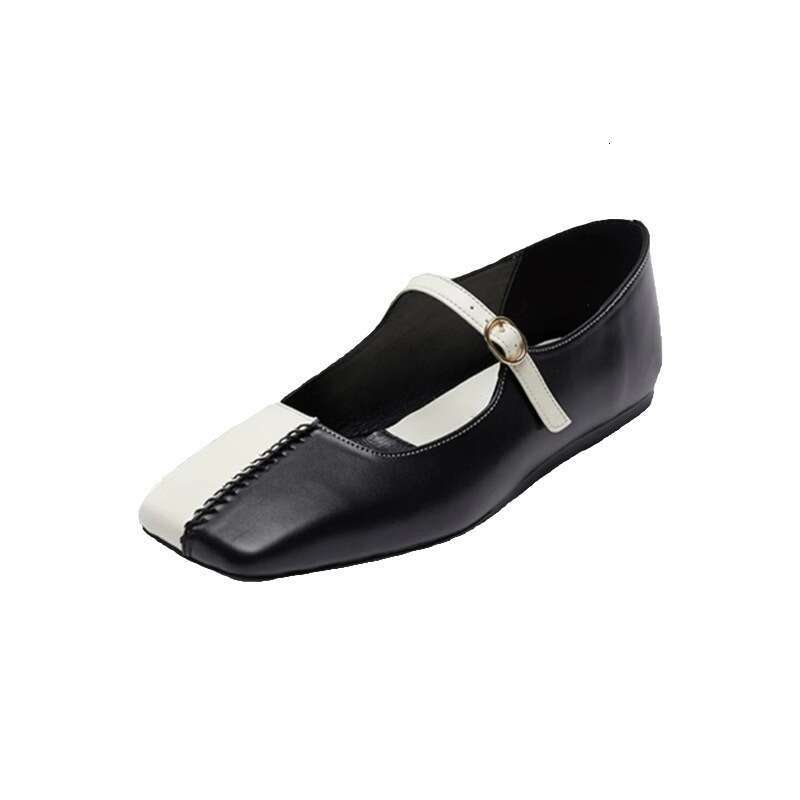 Korean Style Genuine Color Block Fashion One-Strap Square Toe Mary Jane for Women 2024 Spring Summer New Small Leather Shoes