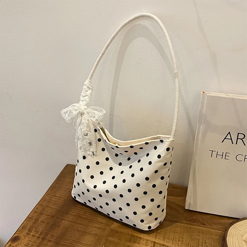 Pure Color Polka Dot Handbag Shoulder Bag Women Nylon Underarm Bags Retro Chic Bucket Trendy Korean Style Tote Handbag 250528