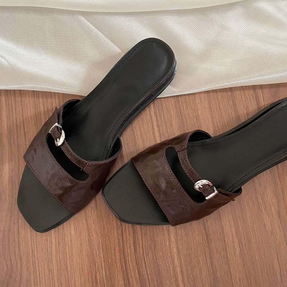 Cowhide Version ~ Small Wedge Open-Toe Square Toe Slip-On for Women Outdoor 2025 Summer New Beach Sandals