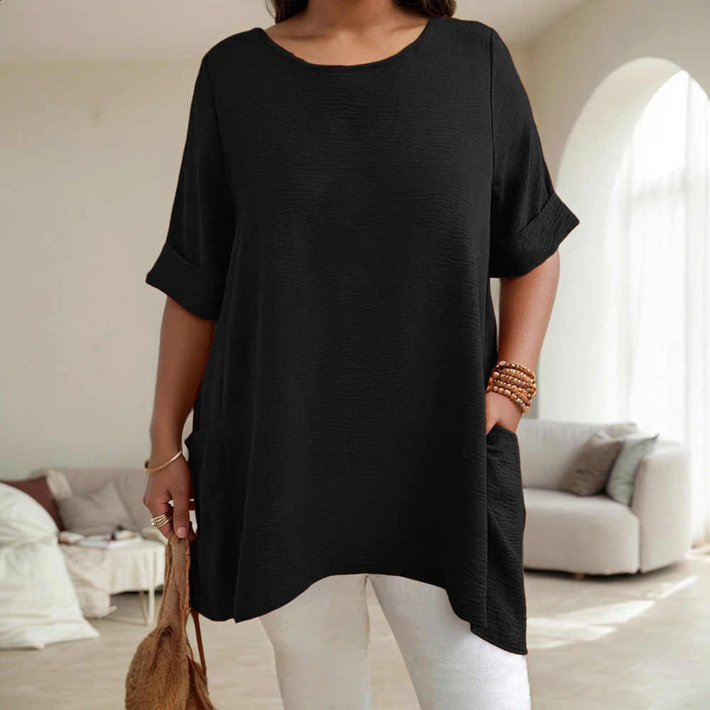 Plus Size Womens Solid ONeck Dropped Shoulder Sleeve Pockets Tunic Tops Summer Ladies Casual Pullover T Shirts Tee 1XL5XL 250519