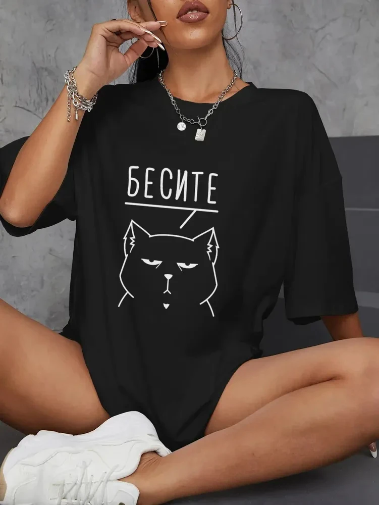 Russia Word Printed Short-sleeve Summer Women T-shirts Funny Graphic Cat Casual Style Female Tops Designer Clothing2025 New