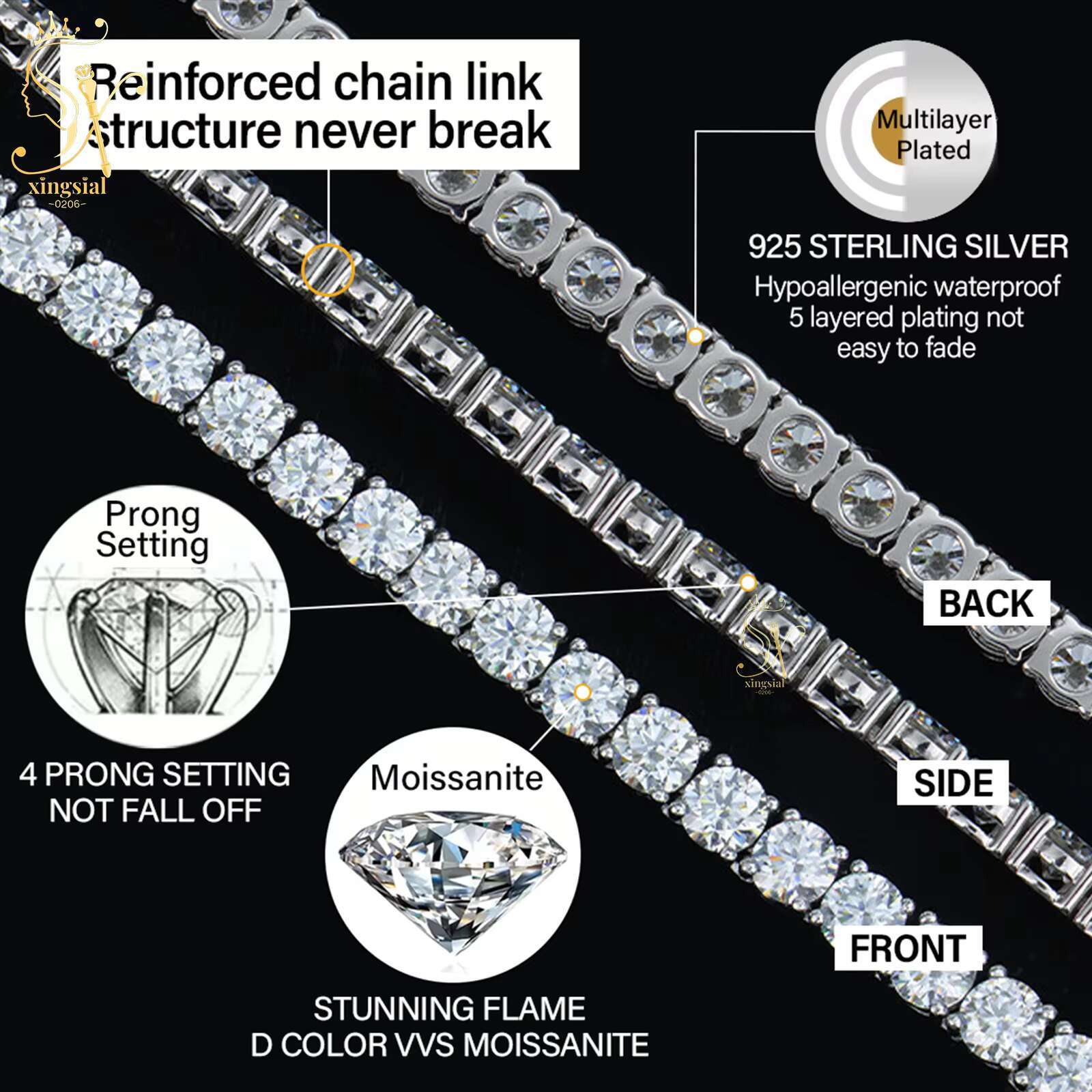 Luxury Men Women Hip Hop Iced Out Fine Jewelry Simulate Diamond 18k Gold Plated 925 Silver VVS Moissanite Tennis Chain Necklace