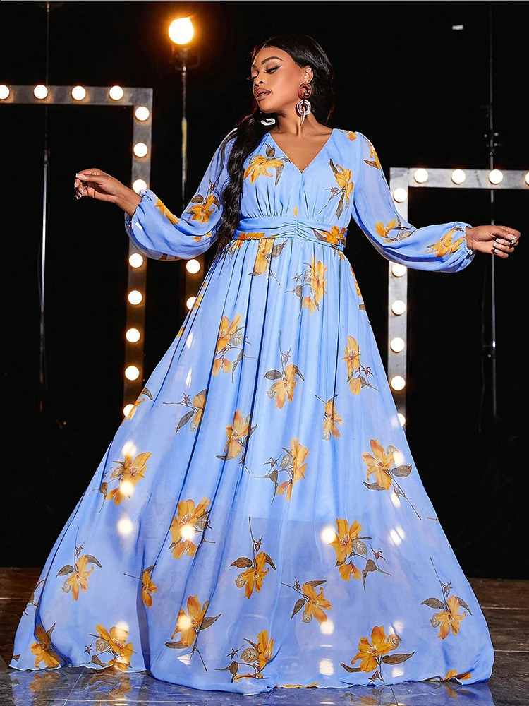 TOLEEN Women Plus Size Maxi Dresses Spring Sexy Backless Blue Evening Gown Lantern Sleeve Chiffon Ball Birthday Party Dress 250517