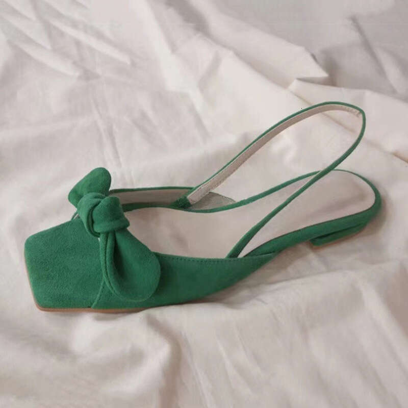 French Style Velvet Green Square Strap Open Toe Sandals for Women Summer Bow Flat Low Heel Slippers