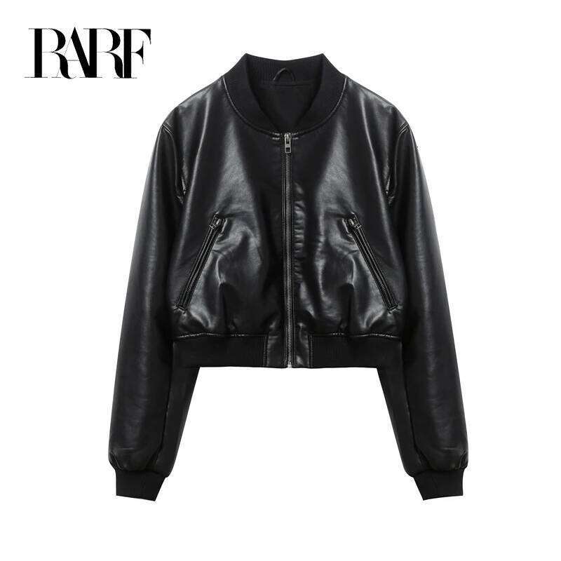RARF Women's new Pure black vintage imitation leather bomber jacket coat top women's style