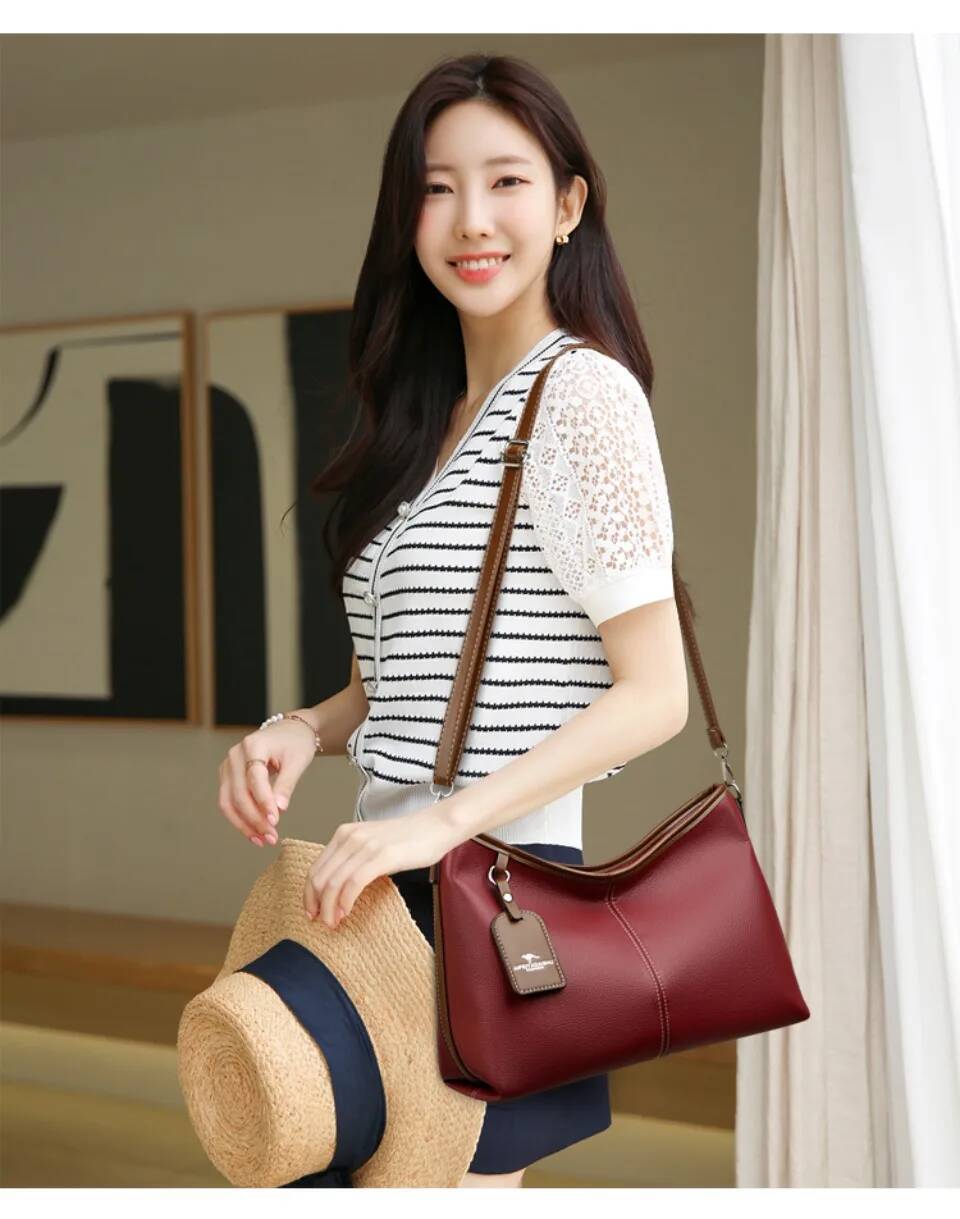 High Quality Soft Pu Leather Shoulder Hand Bags For Women Mother Handbags Color Contrast Crossbody Bag Small Casual Tote 2 Strap