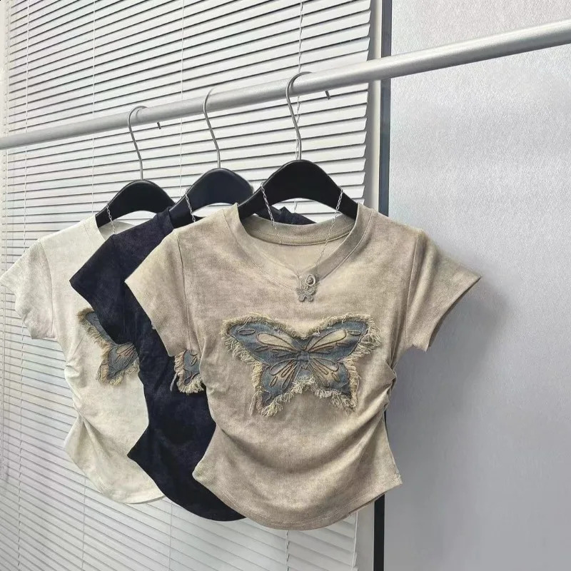 Butterfly Women T Shirt Korean Crop Top Summer Short Sleeve Tees Tshirts Femme Slim Drawstring Y2K Ladies Appliques Clothing 250517