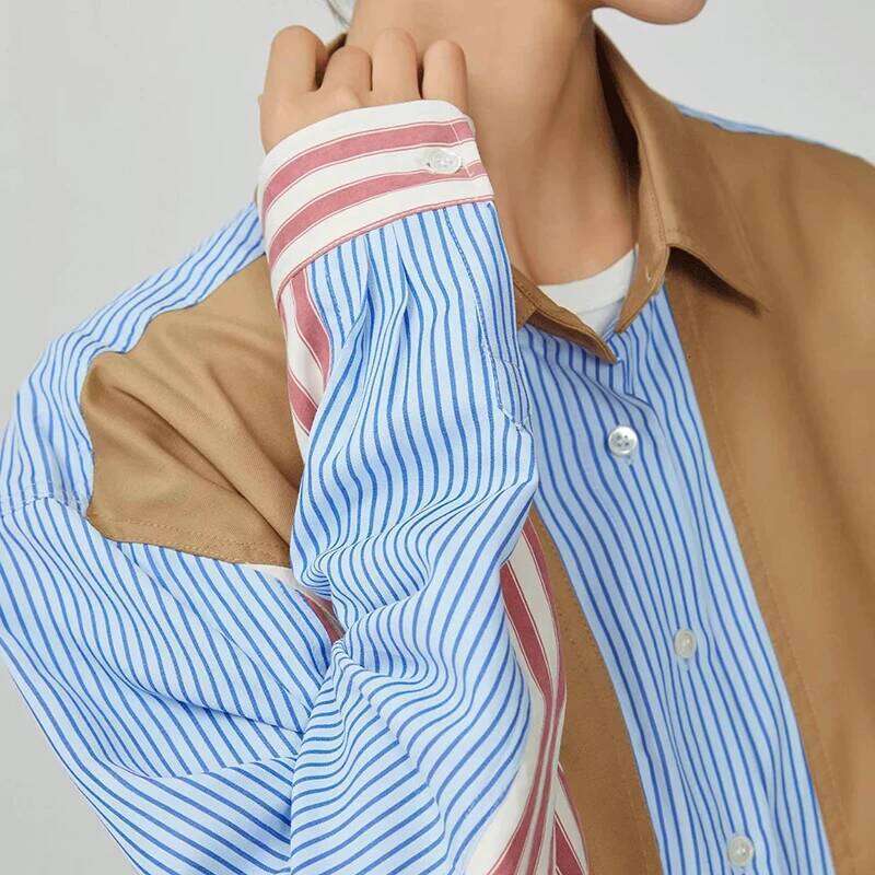 Women's Wear DEAT Fashion Irregular Contrast Color Striped Shirt Women's Lapel Loose Single Braested Long Sleeve Blouse New Tide 7Ab8930