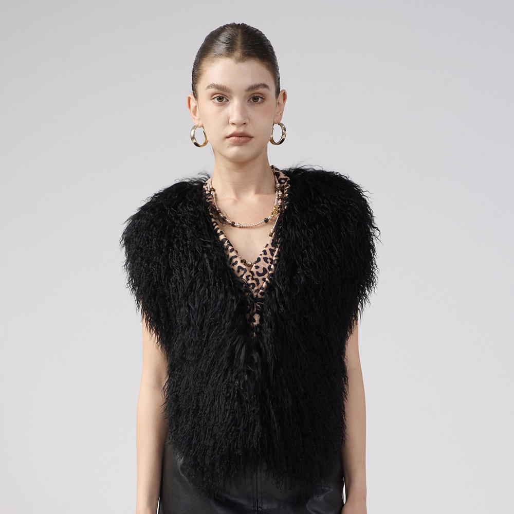 Luxurious Genuine Mongolian Fur Women Halter V-Neck Fur Vest Top