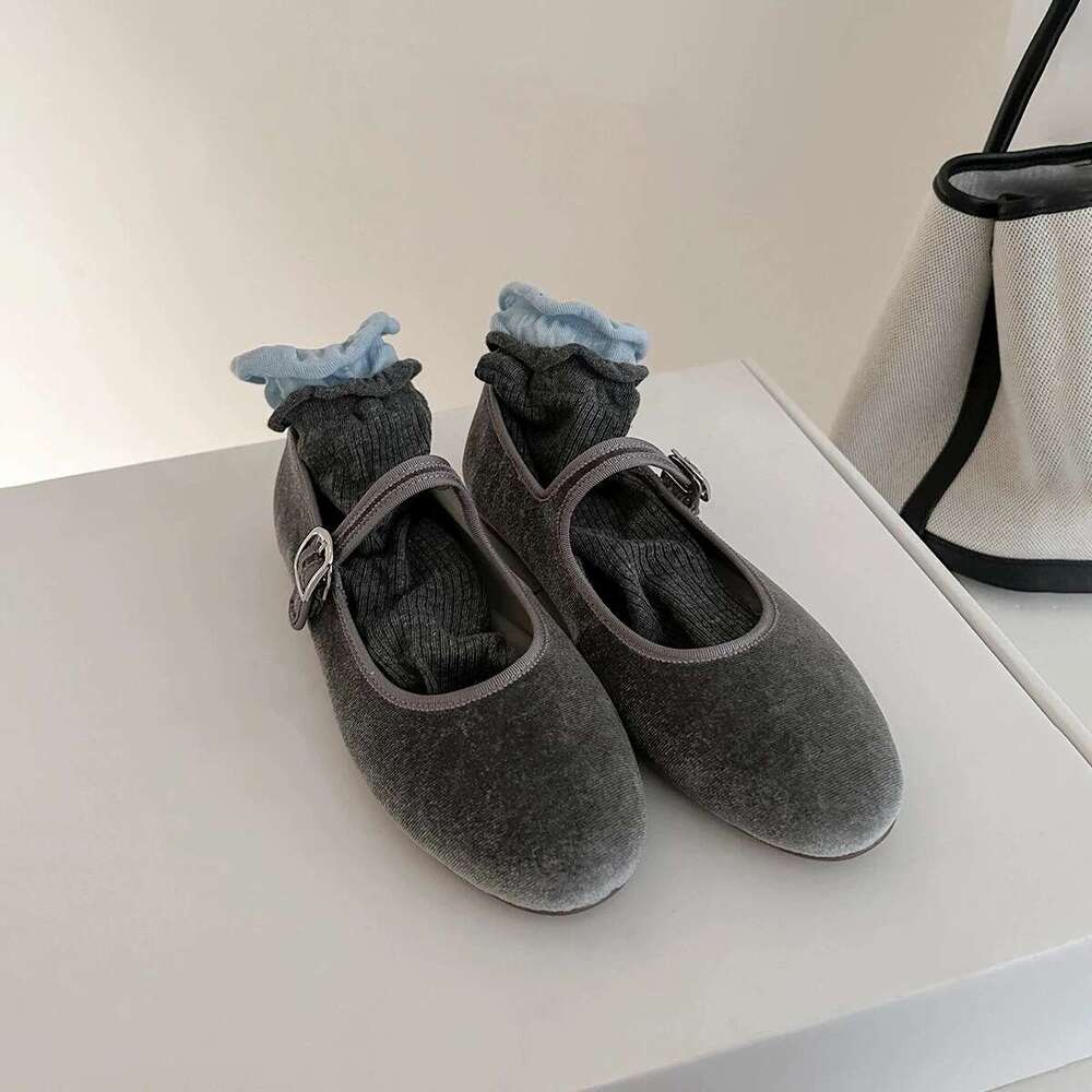 Genuine Leather Velvet French Style Shallow Round Toe One-Strap Mary Jane Shoes for Women 2025 Spring Ballet Flats