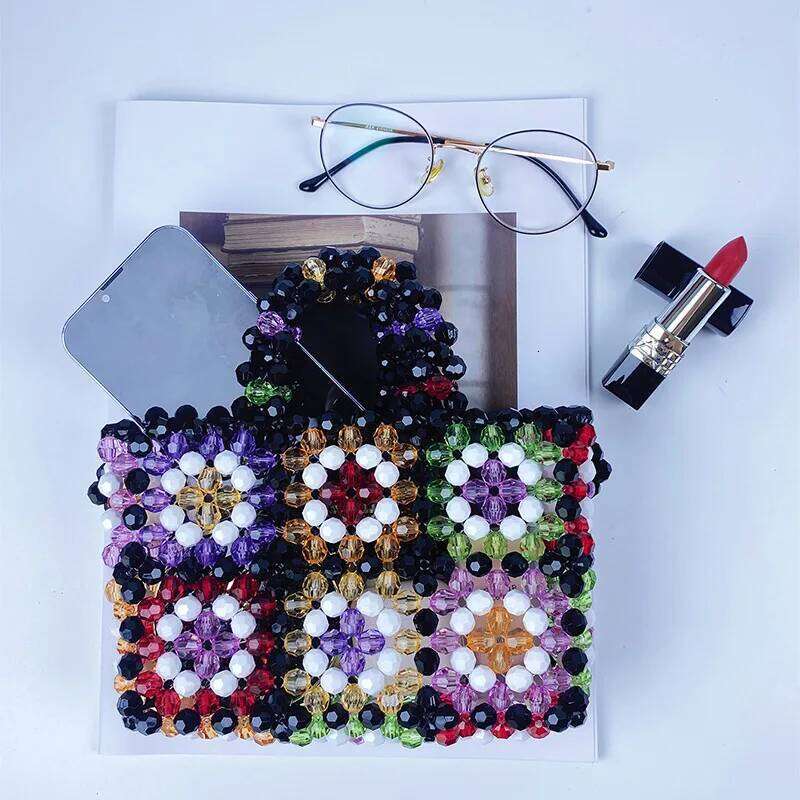 Women's Bags Designer Handmade Color Beaded Handbag Hollow Woven Beading Bags For Women Shoulder NEW Wide Strap Crossbody Bag Evening Clutch