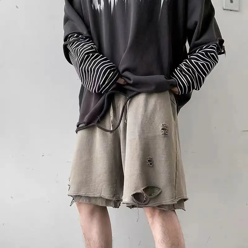 High Street Ripped Shorts Mens Loose Korean Style Fashion Sports Pants Two-Piece Layered Five-Cubic Pants 250527